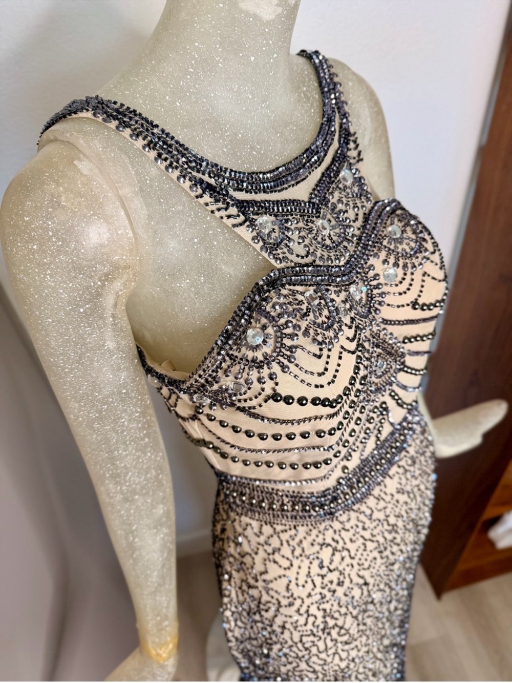 Embellished Nude Beaded Evening Dress